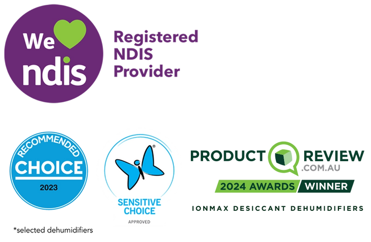 Ionmax - Registered NDIS Provider, 2023 CHOICE recommended dehumidifiers, Sensitive Choice approved dehumidifiers, 2024 ProductReview Awards winner desiccant dehumidifiers