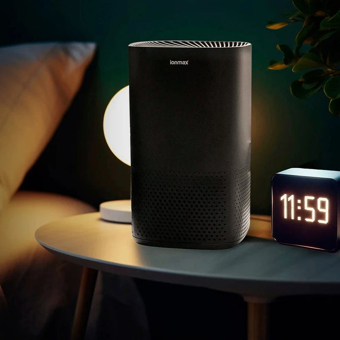 Ionmax Selah UV HEPA Air Purifier on tabletop bedside table