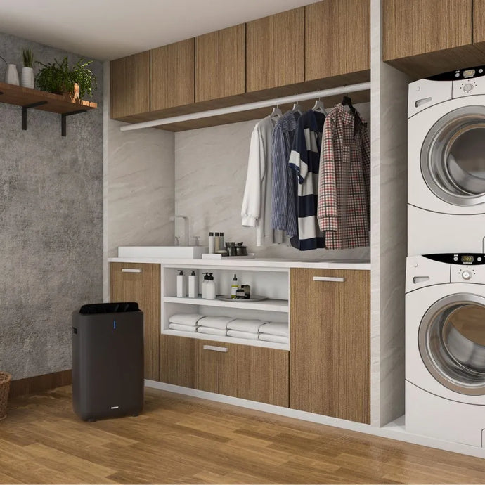 Ionmax Venta ION615 Desiccant Dehumidifier in an apartment laundry room 