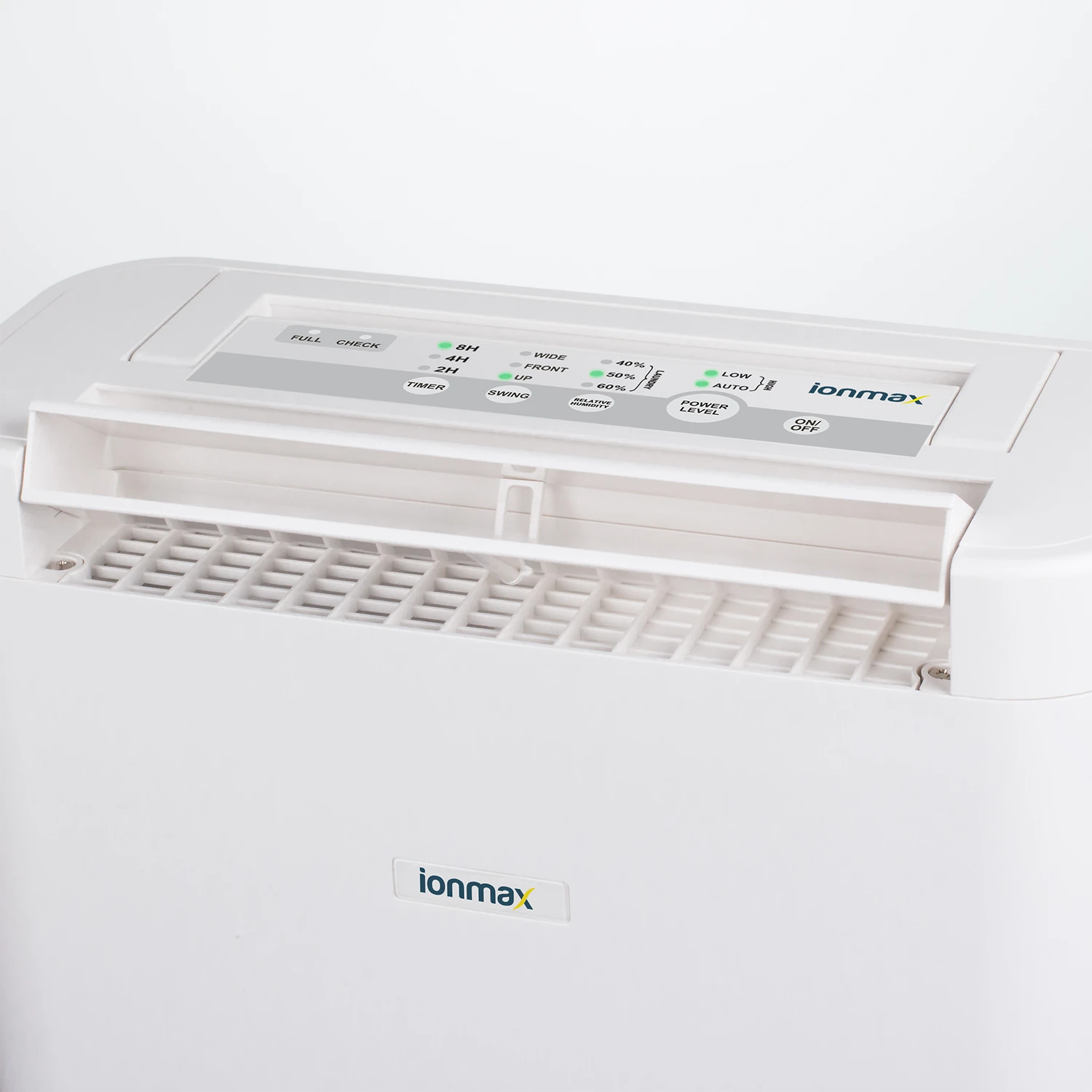 Ionmax ION632 10L/day desiccant dehumidifier control panel and carry handle