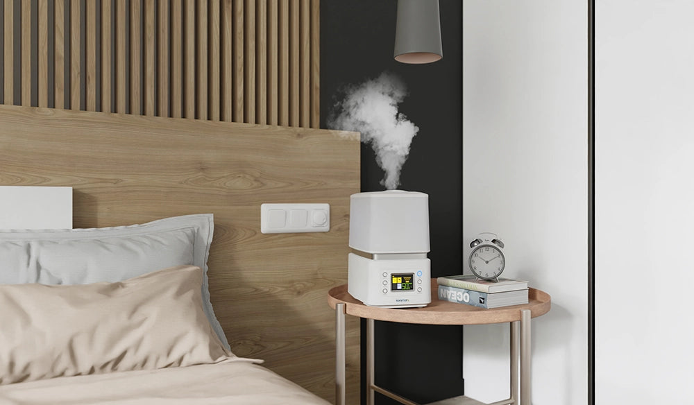 Ionmax ION90 Humidifier in a bedroom on the bedside table